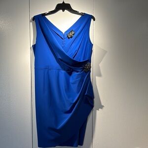 Alex Evenings Blue Sheath Dress Sleeveless V-Neck Asymmetrical